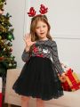 SHEIN Little Girls' Striped Christmas Pattern Patchwork Solid Color Mesh Dress