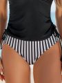 SHEIN Swim Classy Drawstring Side Stripes Pattern Tankini Swimwear Set With Shoulder Straps