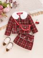 SHEIN Baby Girls' New Year's Red Plaid Patchwork Doll Collar Coat, Elastic Waist Skirt And Bag 3-piece Set