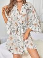 Women's Floral Printed Robe With Ruffles And Trims