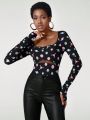 XIAOWU ZHENG Allover Print Cut Out Thumb Hole Bodysuit