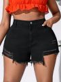 SHEIN VCAY Plus Size Irregular Cutout Ripped Denim Shorts In Tight Fitting College Style