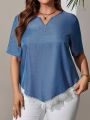 EMERY ROSE Plus Size Women'S Lace Panel Short Sleeve Shirt With Flare Hem