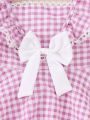 Baby Girl Plaid Patchwork Ruffle Hem Dress With Bow Decoration, Princess Bubble Dress