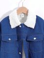 SHEIN Kids EVRYDAY Boys' Casual Mid-length Fleece Lined Compound Fabric Thickened Warm Woven Coat With Turn-down Collar