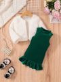 SHEIN Baby Girls' 2pcs Velvet Sleeveless Dress And Fleece Jacket Winter Set