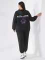 SHEIN Mulvari Plus Size Women'S Letter Print Hooded Sweatshirt And Sweatpants Two-Piece Set