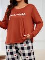 Plus Size Casual Rust Orange Long Sleeve Sleepwear Top