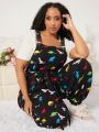 SHEIN CURVE+ Plus Size Dinosaur Print Suspender Pants With Slanted Pocket