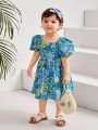 SHEIN Baby Girls' Casual Square Neck Bubble Short Sleeve Dress With Floral Pattern