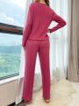 Women's Ribbed Long Sleeve Top And Pants Home Clothing Set