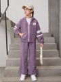 SHEIN Kids EVRYDAY Tween Girl Letter Patched Striped Drop Shoulder Hooded Corduroy Jacket & Pants