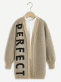 SHEIN Kids HYPEME Tween Girl 1pc Letter Pattern Drop Shoulder Duster Cardigan