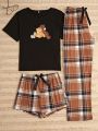 3pcs/Set Bear Plaid Printed Homewear Set