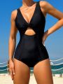 SHEIN Swim SPRTY Solid Color One-piece Swimsuit With Knot & Hollow Out Detail