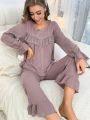 Lace Embellished Bell Sleeve Top & Pants Pajama Set