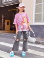 SHEIN Kids SUNSHNE Girls' Knitted Cute Cat Pattern Loose Fit T-Shirt With Round Neckline