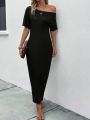 Solid Asymmetrical Neck Batwing Sleeve Fitted Dress