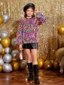 SHEIN Kids HYPEME Tween Girl Leopard Print Contrast Trim Pullover