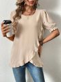 SHEIN LUNE Women'S Round Neck Ruffle Trim Decor Casual Shirt