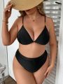 SHEIN Swim Chicsea Women's Plus Size Solid Color V Neck Bikini Top With Thin Straps