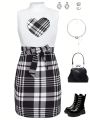 Girls' Love Heart Plaid Graphic Dress For Spring/Summer