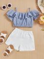 SHEIN Baby Girls' Casual Striped Off-Shoulder Ruffle Top And Shorts Set