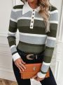 SHEIN LUNE Women's Contrast Color Polo Collar Slim Fit Sweater