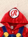 SHEIN Infant Boys' Velvet Hooded Dress Up Jumpsuit With Letter Patchwork