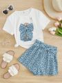 SHEIN Kids SUNSHNE Girls Ditsy Floral & Figure Graphic Tee & Belted Shorts