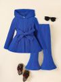 SHEIN Kids EVRYDAY Girls' Casual Belted Hooded Top And Pants Set Suitable For Autumn And Winter