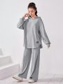 SHEIN Teenagers' Knitted Solid Color Hoodie With Woven Label And Long Pants, Casual 2pcs/set