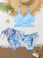 Tween Girls' 3-Piece Swimsuit Set With Botanical Print And Ruffle Trim, Lock Edge