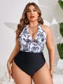 SHEIN Swim Vcay Plus Size Tropical Print Backless Halter One Piece Swimsuit