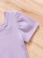 SHEIN Baby Girls' Solid Rib Knitted Top & Plaid Half-Body Skirt Set