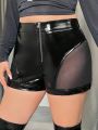 SHEIN ICON Mesh Insert Zipper Pu Leather Shorts