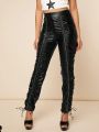 Asavvy Drawstring Side Split Thigh PU Leather Pants