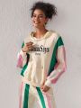 joanasays Women'S Color Block Hoodie With Drawstring And Letter Print