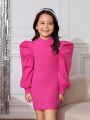 SHEIN Kids FANZEY Young Girl Mock Neck Puff Sleeve Dress Without Belt