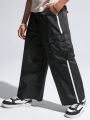 SHEIN Tween Boys' Casual Streetstyle Patchwork Belt, 3d Pockets, Straight Wide-Leg Woven Pants