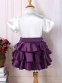 2pcs/Set Baby Girl Bubble Sleeves Solid Color Blouse With Ruffle Hem Skirt, Gorgeous Romantic Cute Everyday Casual Outfits
