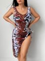 SHEIN Swim Y2GLAM Plus Size Women'S Tiger Print Split Cover-Up Dress