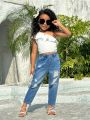 SHEIN Kids Cooltwn Young Girls' Lace Single Shoulder Top And Denim Pants Set