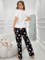 Women'S Cartoon Bear Sleepwear Set With Short Sleeve Top And Long Pants