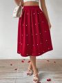 SHEIN Privé Wine Red Pearl Decor A-Line Skirt For Women