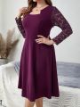 EMERY ROSE Plus Size Women's Lace Splice Long Sleeve Notched-neck Dress