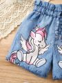 SHEIN Kids QTFun Young Girl Denim Effect Print Ruffle Waist Unicorn Print Shorts