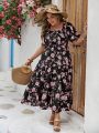 SHEIN VCAY Plus Size Short Sleeve Square Neckline Floral Print Vacation Style Dress