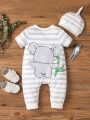 Baby Striped & Cartoon Graphic Jumpsuit With Hat