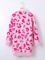 Tween Girl 1pc Leopard Pattern Dual Pocket Drop Shoulder Duster Cardigan